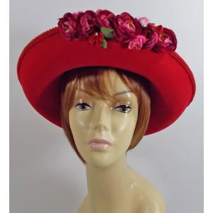 RED WARM FELT MED BRIM HAT TRIMMING BURGANDY & PINK FLOWERS FOR SOCIETY LADY  eb-96673352